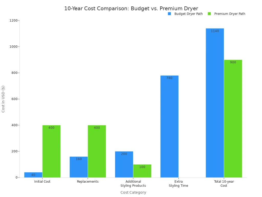 A bar chart comparing the 10-year costs of a budget hair dryer versus a premium one. The chart breaks down costs into initial purchase, replacements, styling products, and time, showing the premium dryer is cheaper overall.